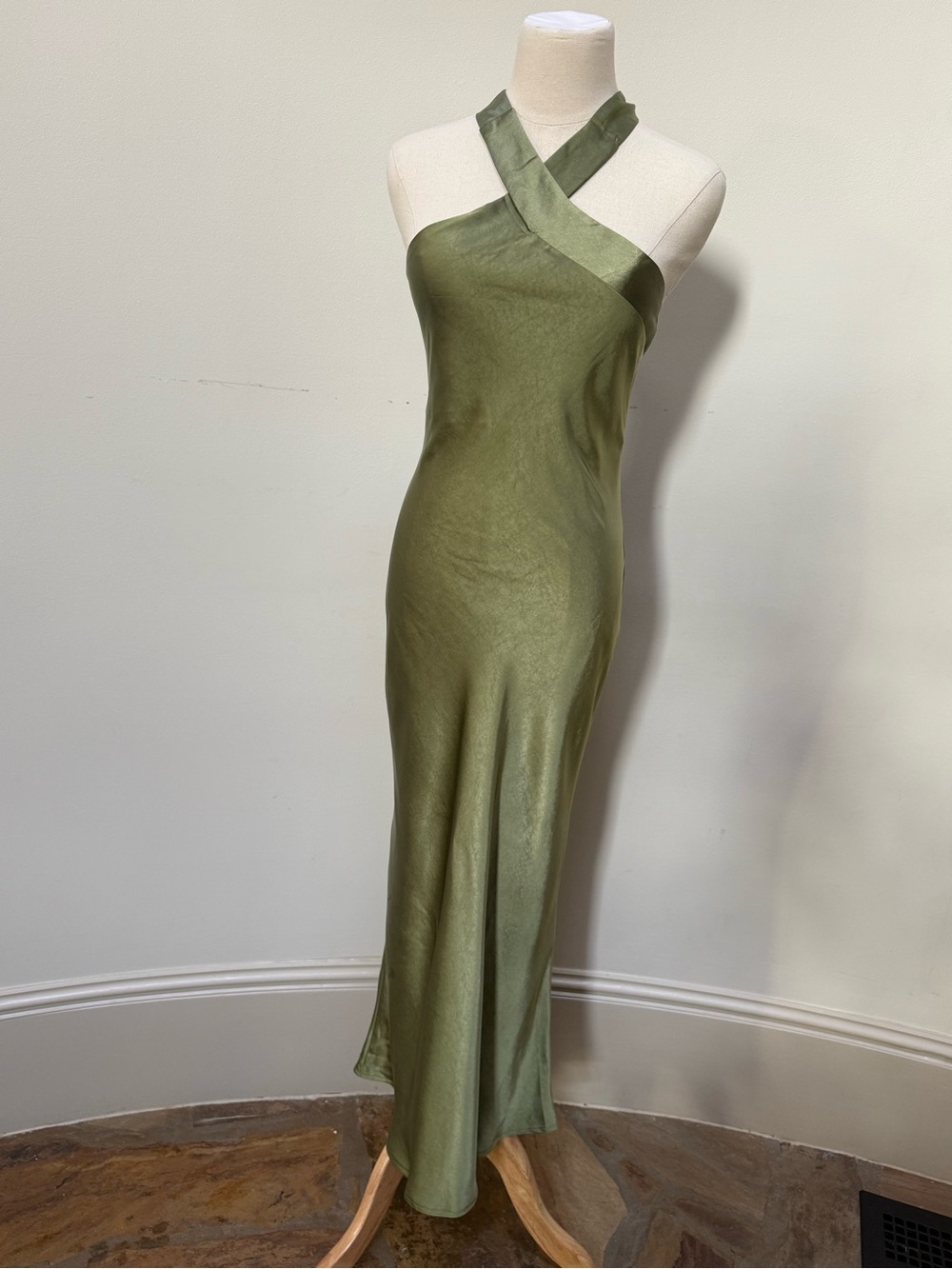 Petal & Pup Olive Satin Cross Halter Slip Dress
